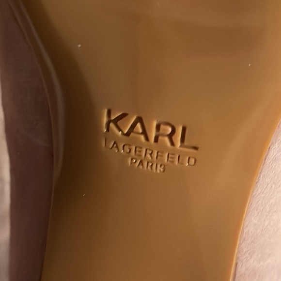 NIB- KARL LAGERFELD PARIS TAUPE LEATHER RHINESTONE BLOCK HEELS SZ 9.5 “Solaine” - Picture 8 of 11